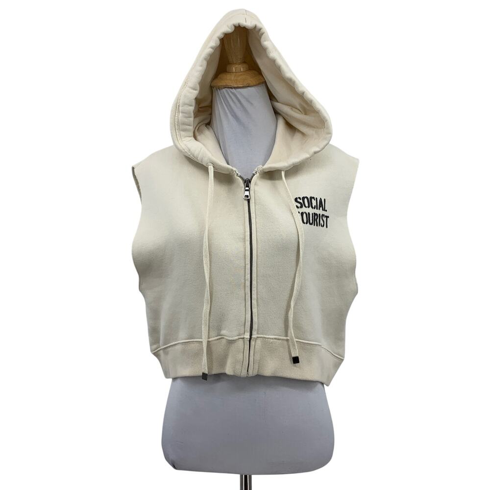 Social Tourist Hoodie Womens S Small Ivory Sleeveless Crop Full Zip Fleece Lined